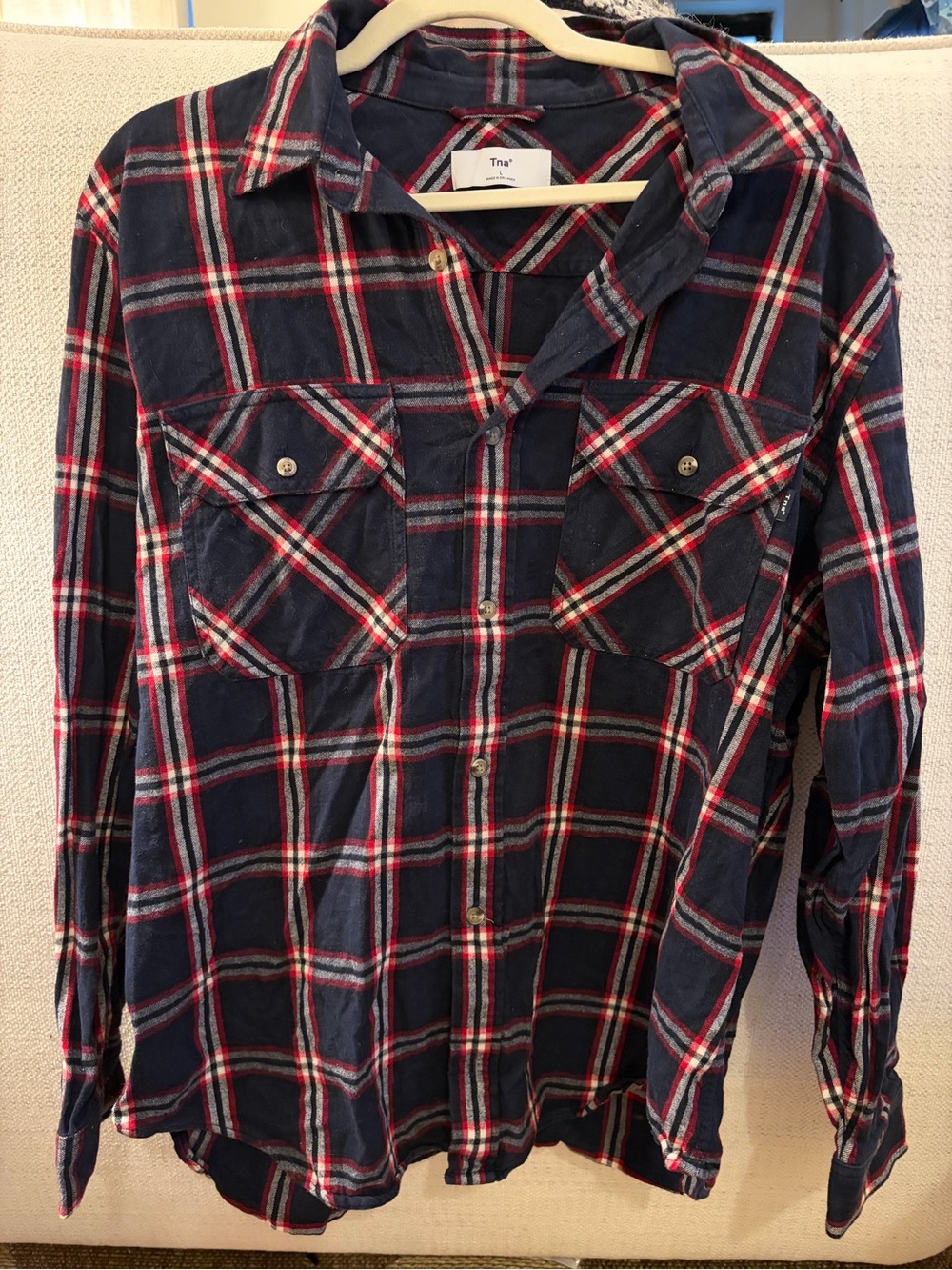 Aritzia Navy Plaid Button-Down Shirt with Red and White Stripes